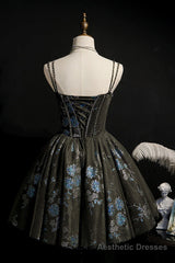 Dark Grey Sequins Lace Up Short Tulle Homecoming Dress, Grey Party Dress