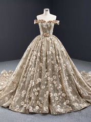 Dark Khaki Ball Gown Tulle Embroidery Appliques Off the Shoulder Prom Dress