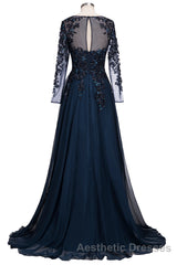Dark Navy Long A-line Jewel Tulle Formal Evening Prom Dresses with Sleeves