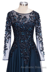 Dark Navy Long A-line Jewel Tulle Formal Evening Prom Dresses with Sleeves