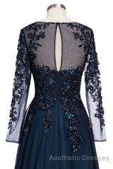 Dark Navy Long A-line Jewel Tulle Formal Evening Prom Dresses with Sleeves