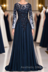 Dark Navy Long A-line Jewel Tulle Formal Evening Prom Dresses with Sleeves
