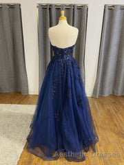 Dark Navy Long A-line Tulle Lace Backless Formal Evening Prom Dresses