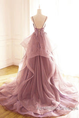 Dark Pink V-Neck Tulle Lace Evening Prom Dresses,Spaghetti Strap Evening Prom Dresses,Ruffle A Line Formal Dresses