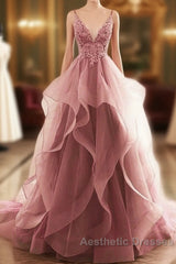 Dark Pink V-Neck Tulle Lace Evening Prom Dresses,Spaghetti Strap Evening Prom Dresses,Ruffle A Line Formal Dresses