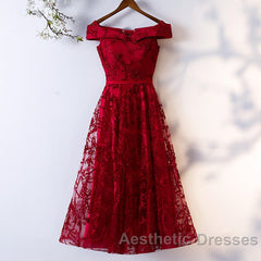 Dark Red Lace Off Shoulder Short Party Dresses Formal Dresses, Wine Red Homecoming Dresses