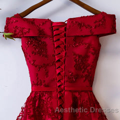 Dark Red Lace Off Shoulder Short Party Dresses Formal Dresses, Wine Red Homecoming Dresses