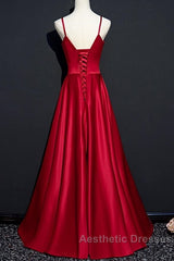 Dark Red Straps Beaded Sweetheart Satin Long Party Dresses, Wine Red Evening Prom Dresses