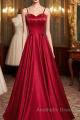 Dark Red Straps Beaded Sweetheart Satin Long Party Dresses, Wine Red Evening Prom Dresses