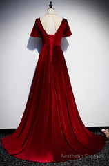 Dark Red Velvet  Long Prom Dress, Charming Formal Gown