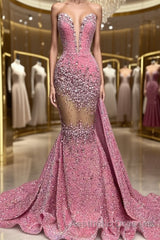 V-Neck Sequins Evening Prom Dresses Mermaid Sleeveless Crystal.