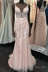 Deep V Neck Backless Pink Lace Long Evening Prom Dresses, Long Pink Lace Formal Graduation Evening Dresses