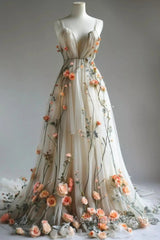Deep V Neck Wedding Dresses 3D Flowers Appliques Tulle A-Line Evening Prom Gowns