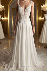 Deep V Neck White Lace Long Evening Prom Dresses, Long White Formal Dresses, White Lace Evening Dresses, White Bridesmaid Dresses