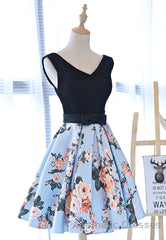 Cute V-Neck Floral Evening Prom Dresses, A-Line Homecoming Dresses
