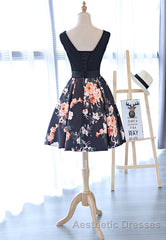 Cute V-Neck Floral Evening Prom Dresses, A-Line Homecoming Dresses