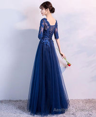 Blue Tulle Lace Long Prom Dress, Lace Evening Dress