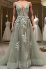 Dusty Sage Evening Prom Dresses Plunging V Neck Appliques Lace-Up A-line Long Evening Gown