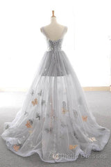 Gray Long Evening Prom Dresses with Butterfly, New Arrival Unique Evening Prom Dresses
