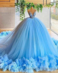 spaghetti straps beading bodice tulle ball gown Evening Prom Dresses with handmade flowers