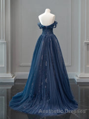 A-Line Off Shoulder Tulle Lace Dark Blue Long Evening Prom Dresses, Dark Blue Long Evening Prom Dresses