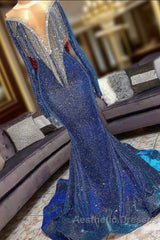 Luxurious long Sequins Mermaid V-neck Evening Prom Dresses with Sleeves
