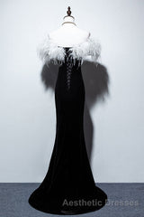Black Velvet Mermaid Evening Prom Dresses with Feather, Off the Shoulder Long Evening Prom Gown