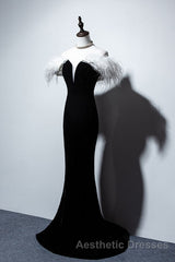 Black Velvet Mermaid Evening Prom Dresses with Feather, Off the Shoulder Long Evening Prom Gown