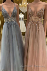Elegant A line tulle lace long Evening Prom Dresses, tulle formal Dresses