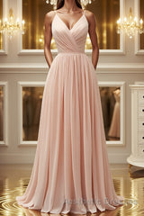 Elegant A Line V Neck Pink Long Evening Prom Dresses, Pink Formal Graduation Evening Dresses