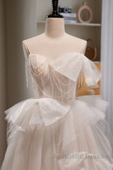 Elegant And Noble Ivory Sleeveless Off Shoulder Beaded Bow Evening Dresses Ivory Thin Shoulder Strap Off Back Strap Evening Prom Dresses