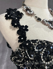 Elegant Black Mermaid Satin Beaded Sequin Long Evening Prom Dresses, Sweetheart Neck Evening Dresses