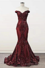 Elegant Burgundy Off-the-shoulder Mermaid Prom Dresses