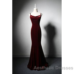 Elegant Burgundy Spaghetti Straps Velvet Mermaid Evening Prom Dresses Evening Dresses