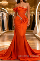 Elegant Floor Length One-should Sleeveless Mermaid Satin Evening Prom Dresses with Ruffles