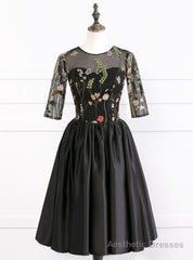 Elegant Half Sleeves Satin Ball Gown Short Sexy See Through Black Prom Dresses