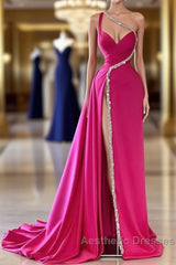 Elegant Long A-line One Shoulder Sweetheart Sleeveless Satin Evening Prom Dresses With Slit