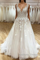 Elegant Long A-Line Sweetheart Appliques Lace Tulle Wedding Dresses