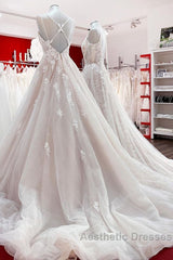 Elegant Long A-line V Neck Sleeveless Ruffles Backless Wedding Dresses