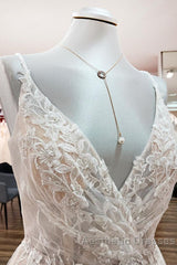 Elegant Long A-line V Neck Sleeveless Ruffles Backless Wedding Dresses