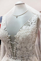 Elegant Long A-line V Neck Tulle Lace Open Back Wedding Dresses