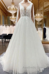 Elegant Long A-line V Neck Tulle Lace Open Back Wedding Dresses