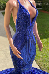 Elegant Long Mermaid Halter Satin Lace Backless Evening Prom Dresses
