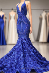 Elegant Long Mermaid Halter Satin Lace Backless Evening Prom Dresses