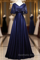 Elegant Navy Blue Short Sleeved Beaded Cape With Satin Lace Navy Blue V-Neck Backless And Ground Length Evening Dresses