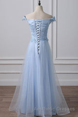 Elegant Off Shoulder Long Sky Blue Lace Evening Prom Dresses, Off Shoulder Sky Blue Formal Dresses, Sky Blue Lace Evening Dresses