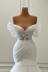 Elegant Off the Shoulder Floor Length Mermaid Tulle Wedding Dresses