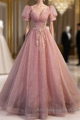 Elegant Red Pink Beaded Rhinestone Fluffy Short Sleeved Ball Dresses With Red Pink V-Neck Butterfly Patch Flower Dew Back Strap And Floor Length Evening Dresses