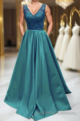 Elegant V Neck Green Lace Long Evening Prom Dresses, Green Lace Formal Graduation Evening Dresses