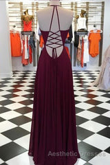 Elegant V Neck Open Back Burgundy Evening Prom Dresses, Open Back Burgundy Formal Dresses, Long Burgundy Evening Dresses